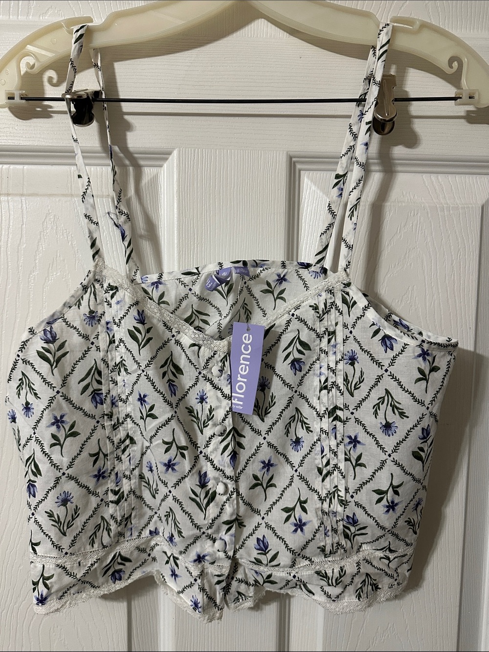 Florence White Floral Cropped Tank Top with Lavender Print
